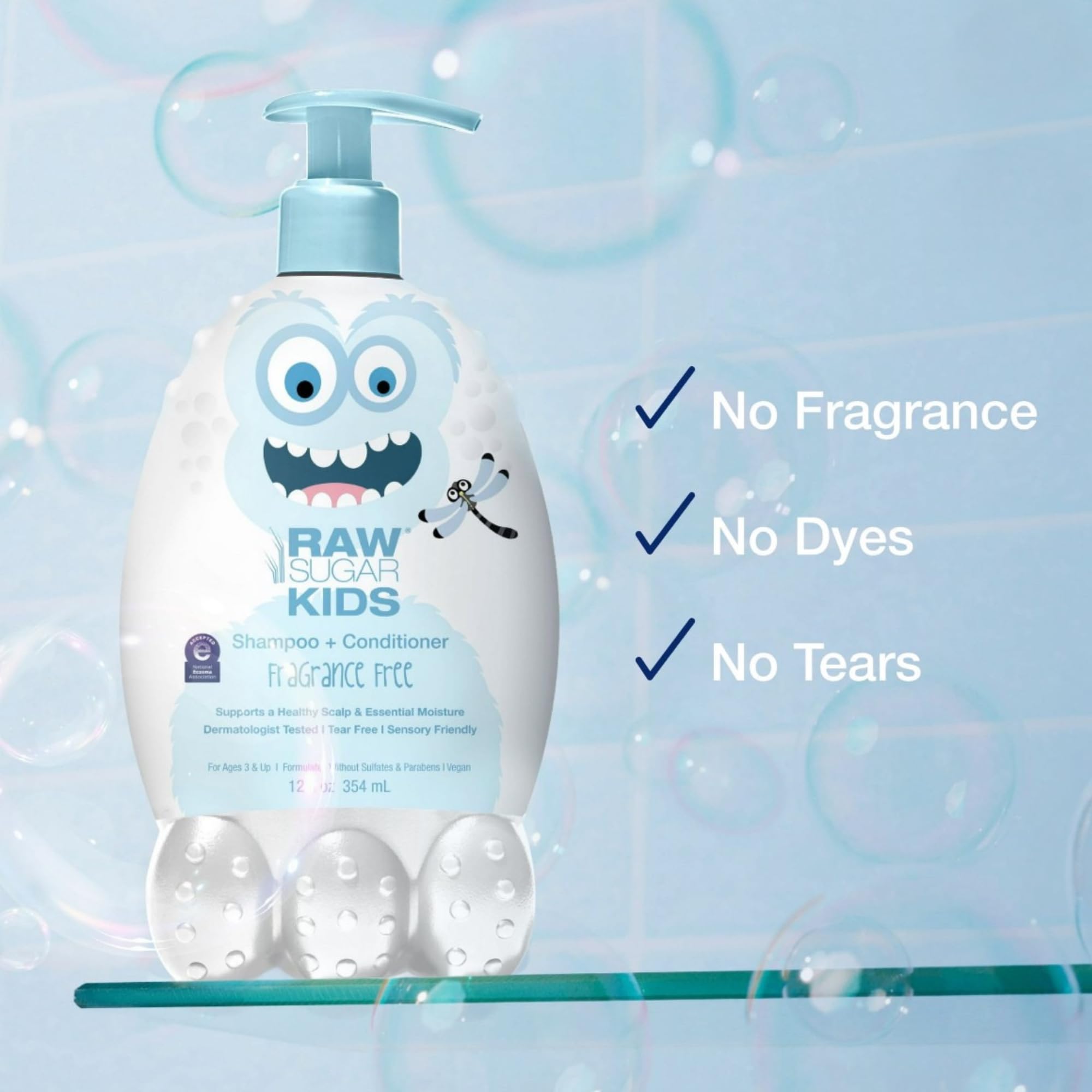 RAW SUGAR Kids Fragrance Free Bath Set, Shampoo & Conditioner + Body Wash & Bath Soak (Fragrance Free)