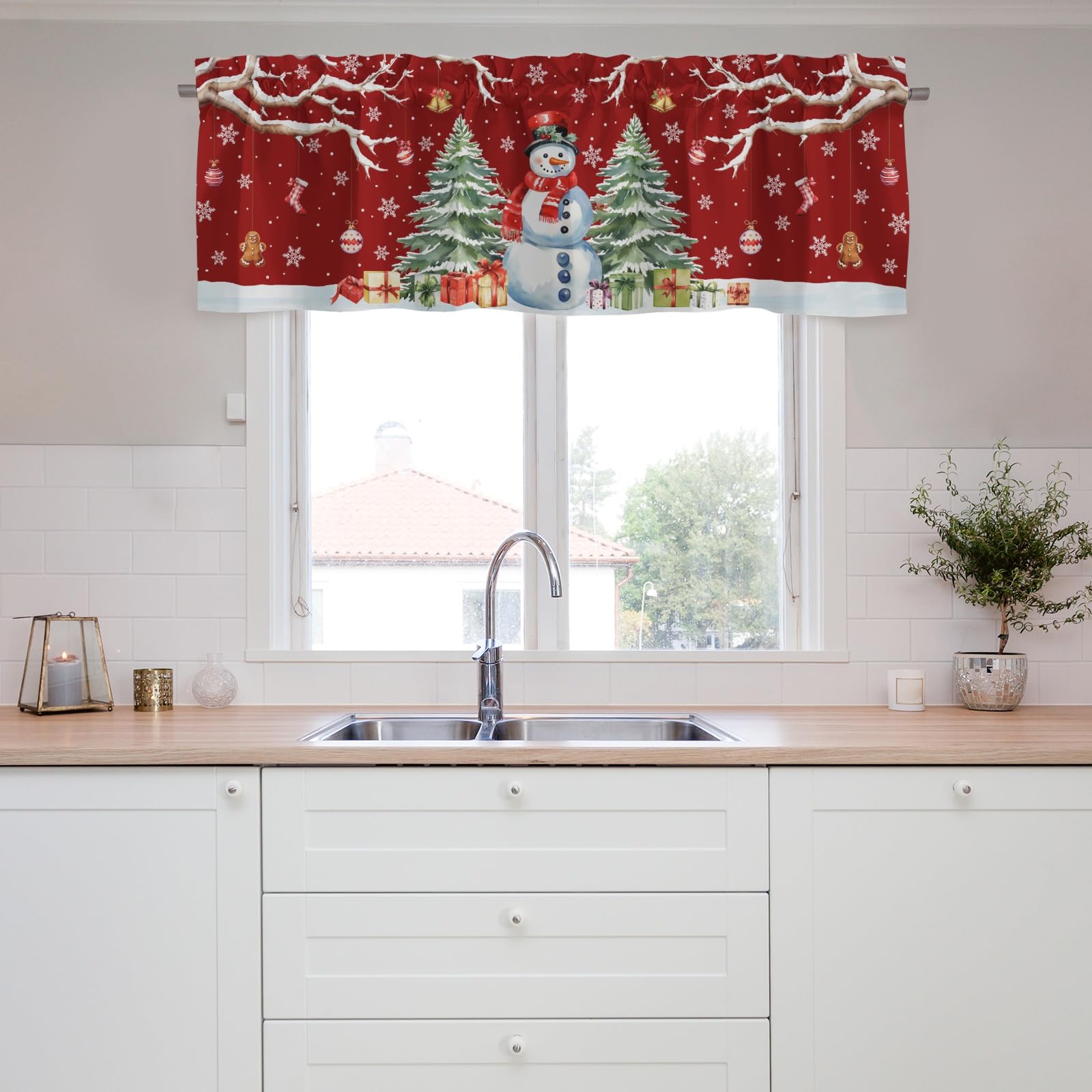 Hliyty Snowman Valance Curtains,Christmas Tree Snowman Window Valance Short Curtains,Blackout Valance Curtains,Rod Pocket Short Window Valance Curtains,Country Window Curtains for Bedroom Living Room