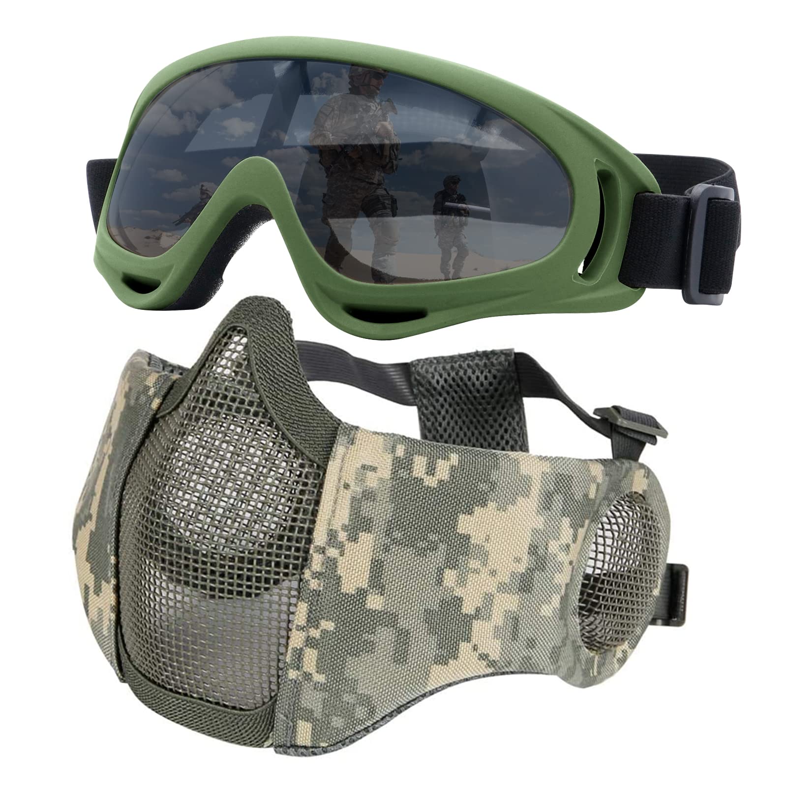Airsoft Mask with Goggles, Foldable Half Face Airsoft Mesh Mask with Ear Protection for Paintball Shooting Cosplay CS Game