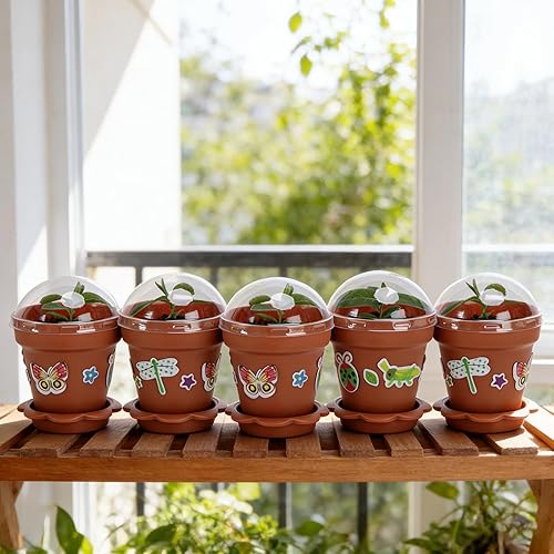 Vista 5 de Paquete de 25 macetas para cupcakes con cúpula de humedad, pequeñas macetas de plástico con 20 hojas de calcomanías, maceta de iniciación
