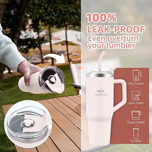 Miniatura 4 de Tamarac Vaso de 40 onzas con asa y tapa con popote, botella de agua reutilizable de acero inoxidable con aislamiento al vacío de doble pared, taza