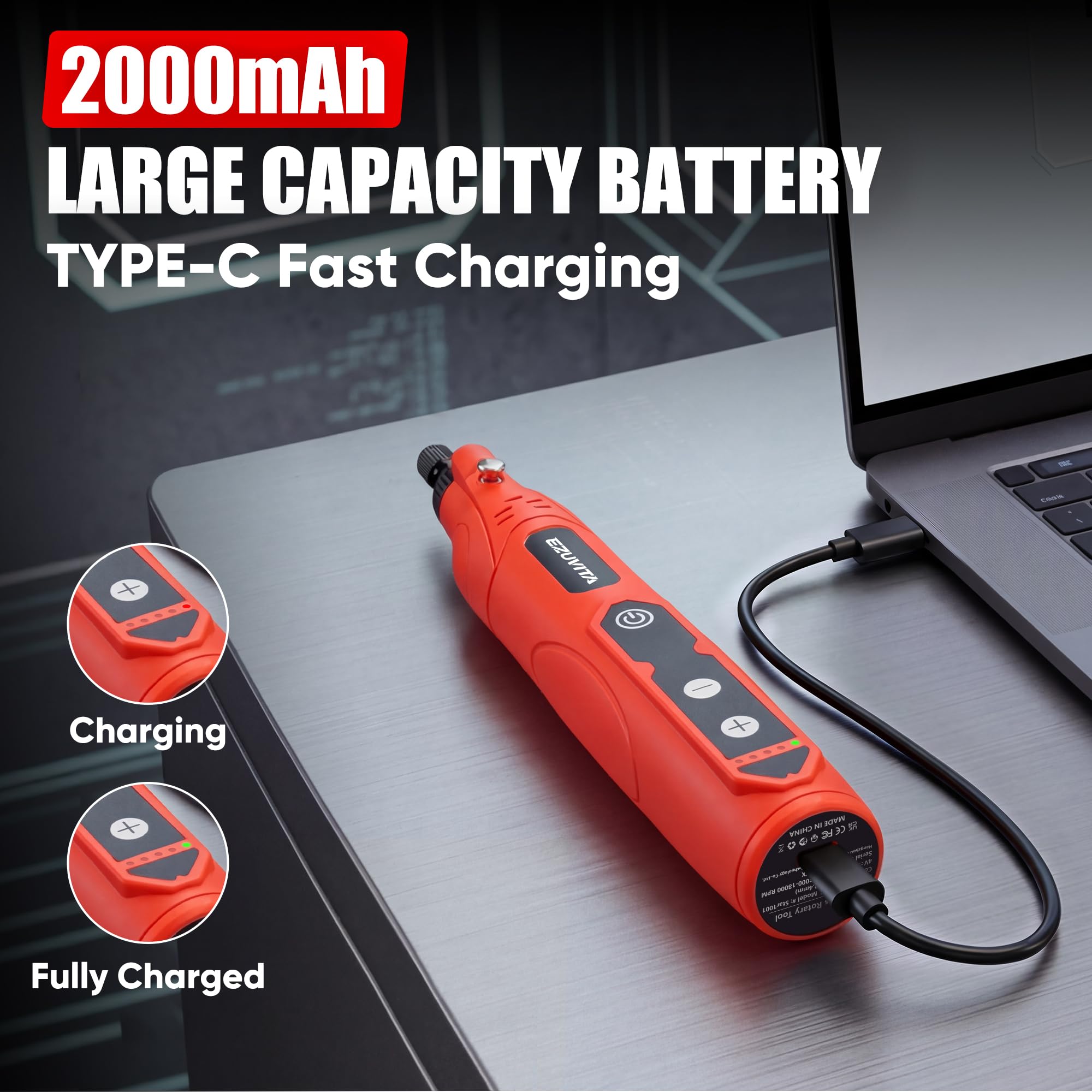 Outil Rotatif Multifonction sans Fil 4V avec 446 Accessoires, Fonction Mémoire 5 Vitesses, Batterie 2000mAh, Charge Rapide USB-C & Lampe LED, pour ponçage, gravure et meulage