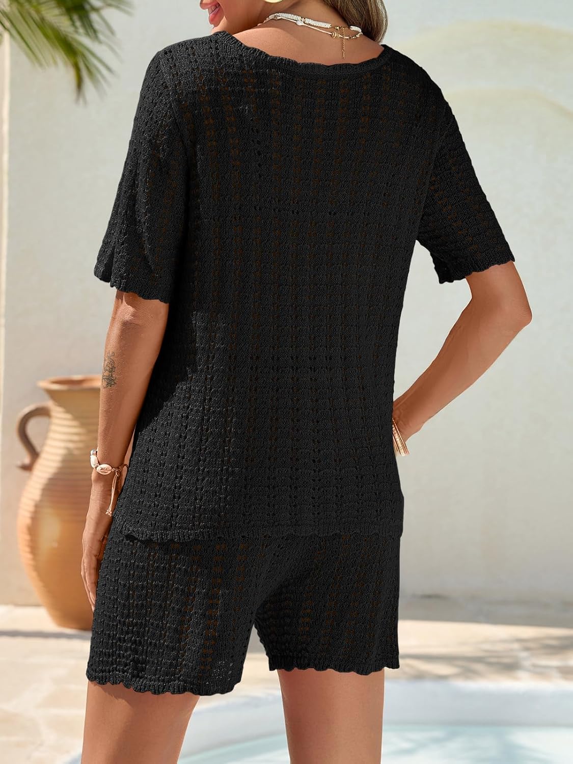 Saodimallsu Women Crochet 2 Piece Swimsuit Cover Up Short Sleeve Knit Tops Shorts Sets Summer Beach Vacation Outfit - Image 6