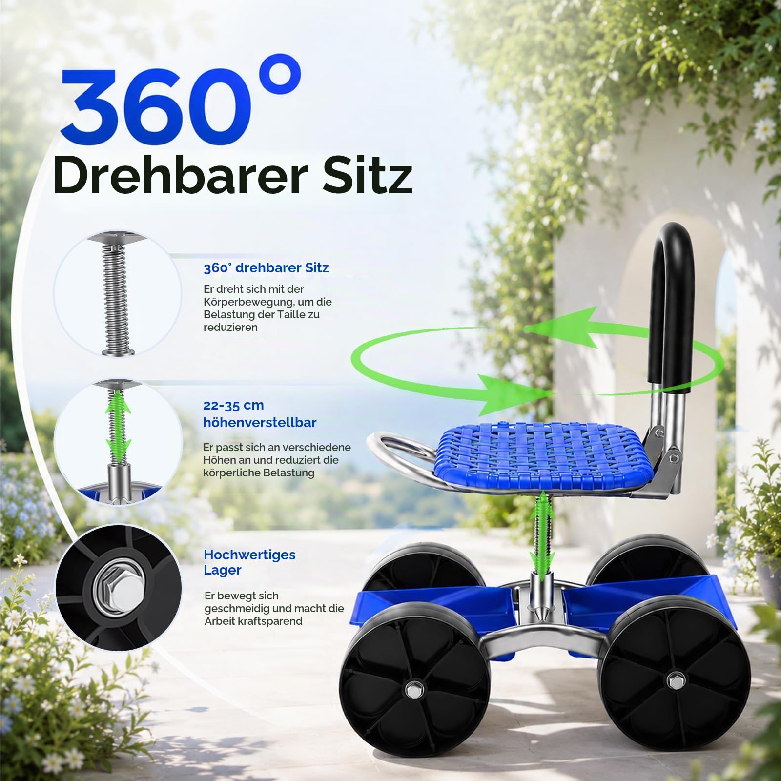 Gartenhocker, Rollender Gartenwagen Gartensitz mit Rollen Garten Rollsitz Kniebank Gartentrolley 360° Drehbar Höhenverstellbar Mobiler Gartenhocker mit Griff Ablagefach Gartenarbeitssitz bis 150 kg