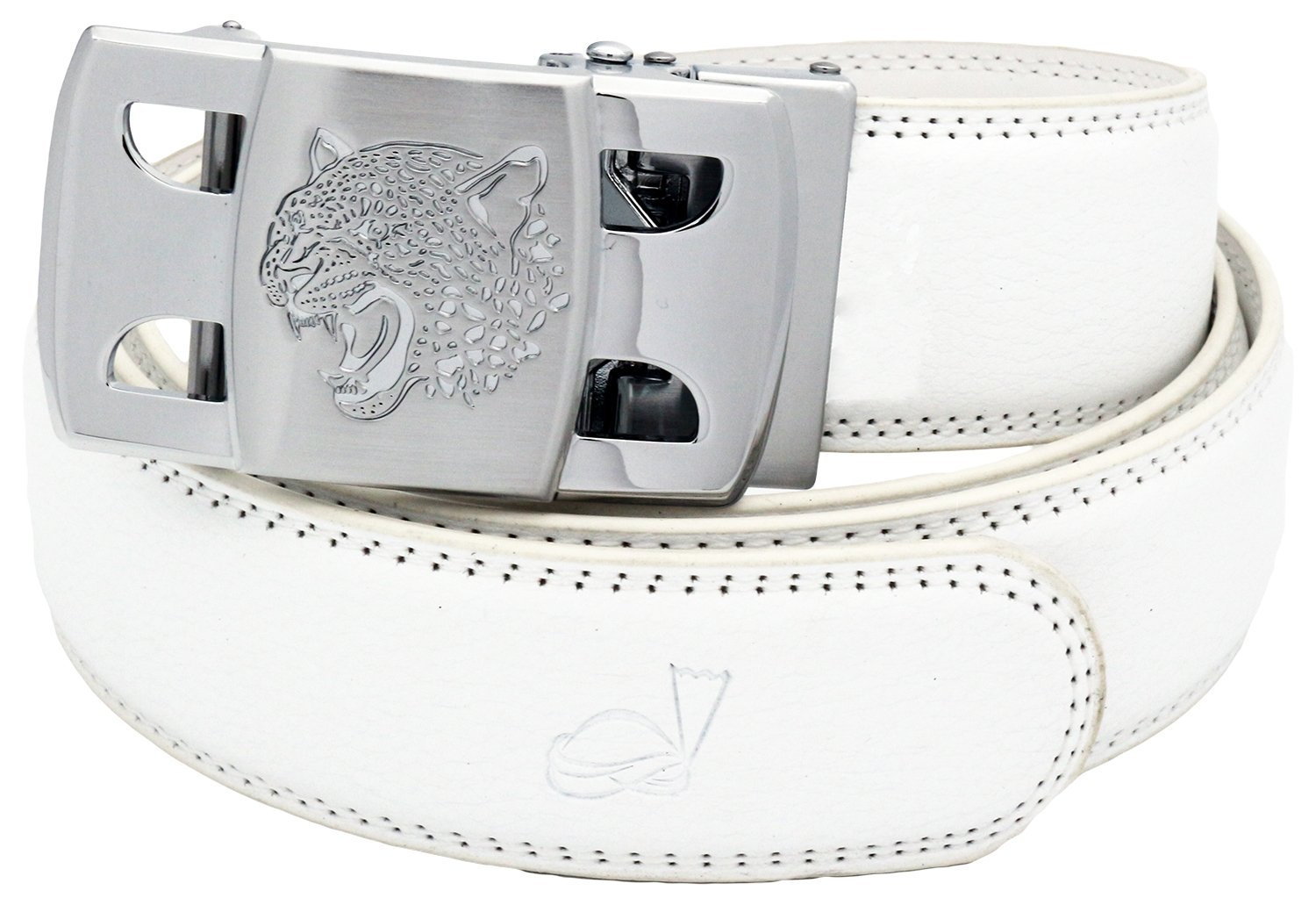 QHA Mens Designer Automatic Ratchet Belt Tiger Buckle Gift Silver White 40"-46"