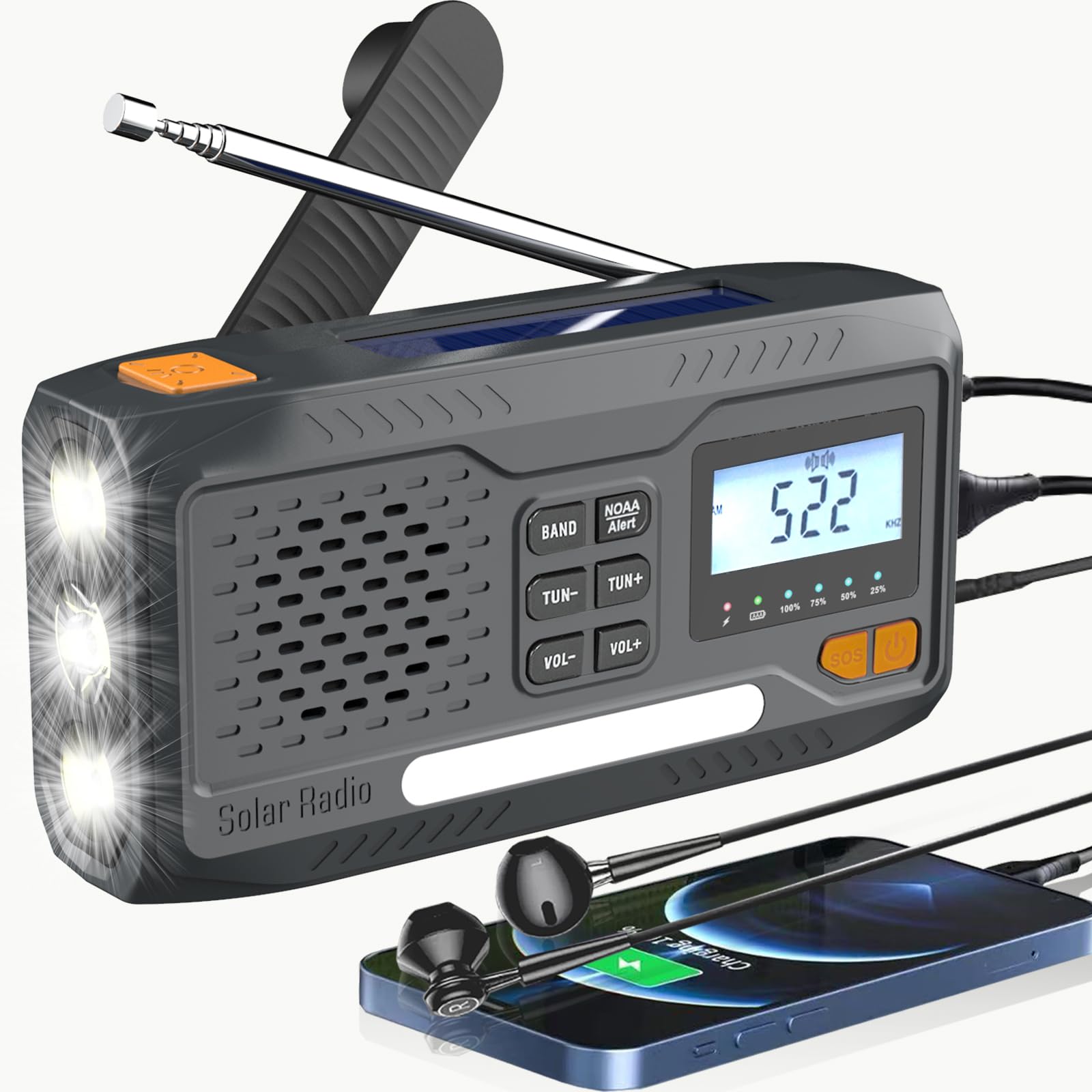 2000mAh Emergency Weather Radio with LCD Display - Portable NOAA Weather Alert Radio, AM/FM Home Supplies, Solar Hand Crank Power, USB Charger, LED Flashlight, SOS Alarm for Outdoor Camping Survival-image-38