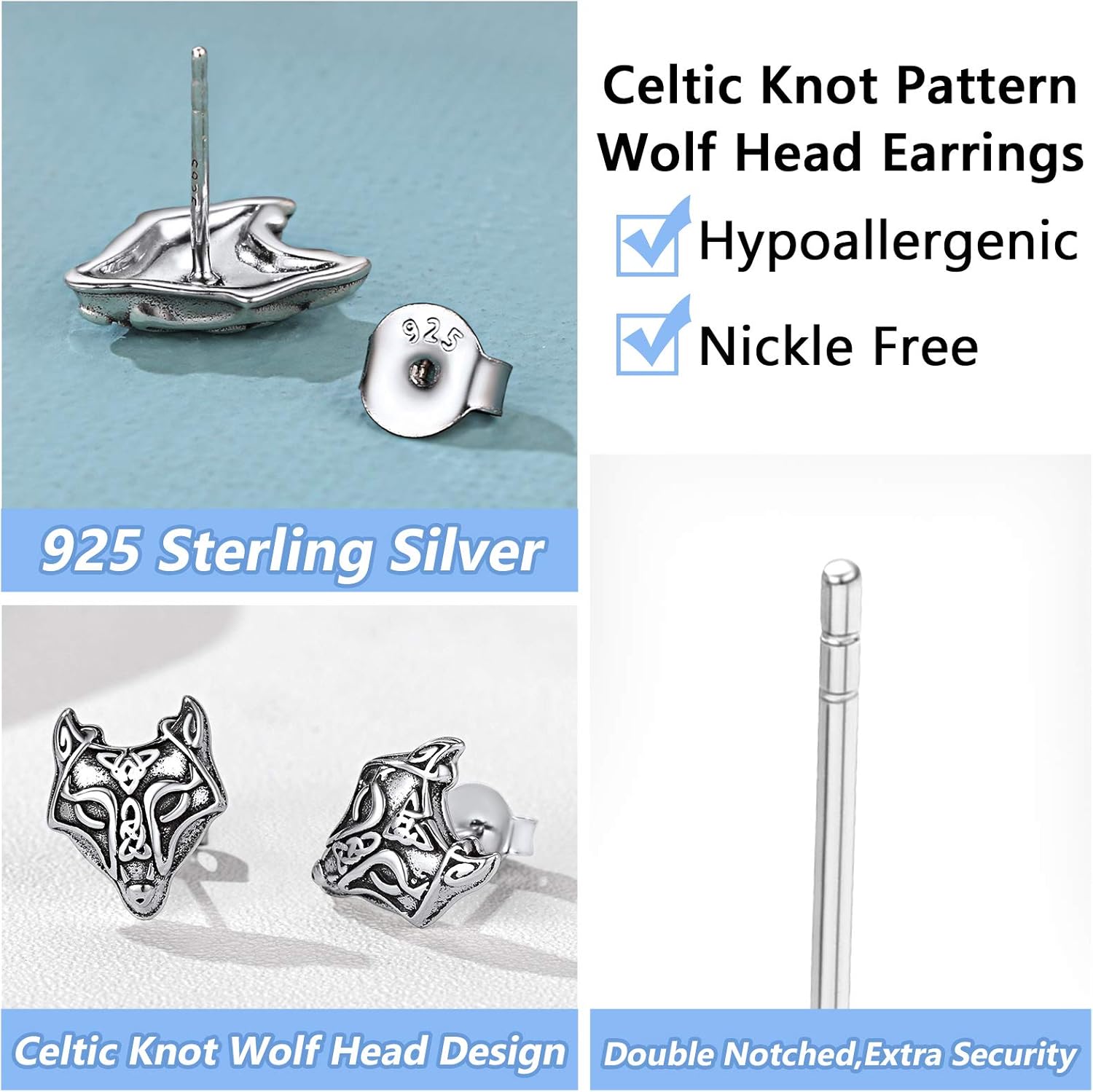 Silvora Norse Viking Jewelry Thor's Hammer Studs Sterling Silver Vintage Celtic Knot Wolf Head Stud Earrings for Women Men