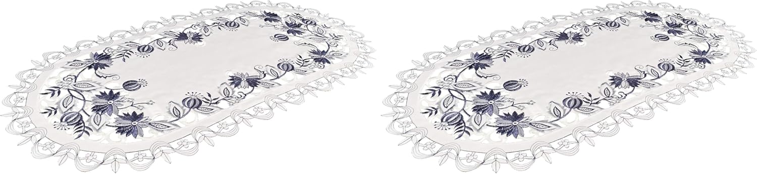 Embroidered Delft Blue Onion Flower Table Runner, Dresser Scarf Doily (14Wx27L) (Pack of 2)