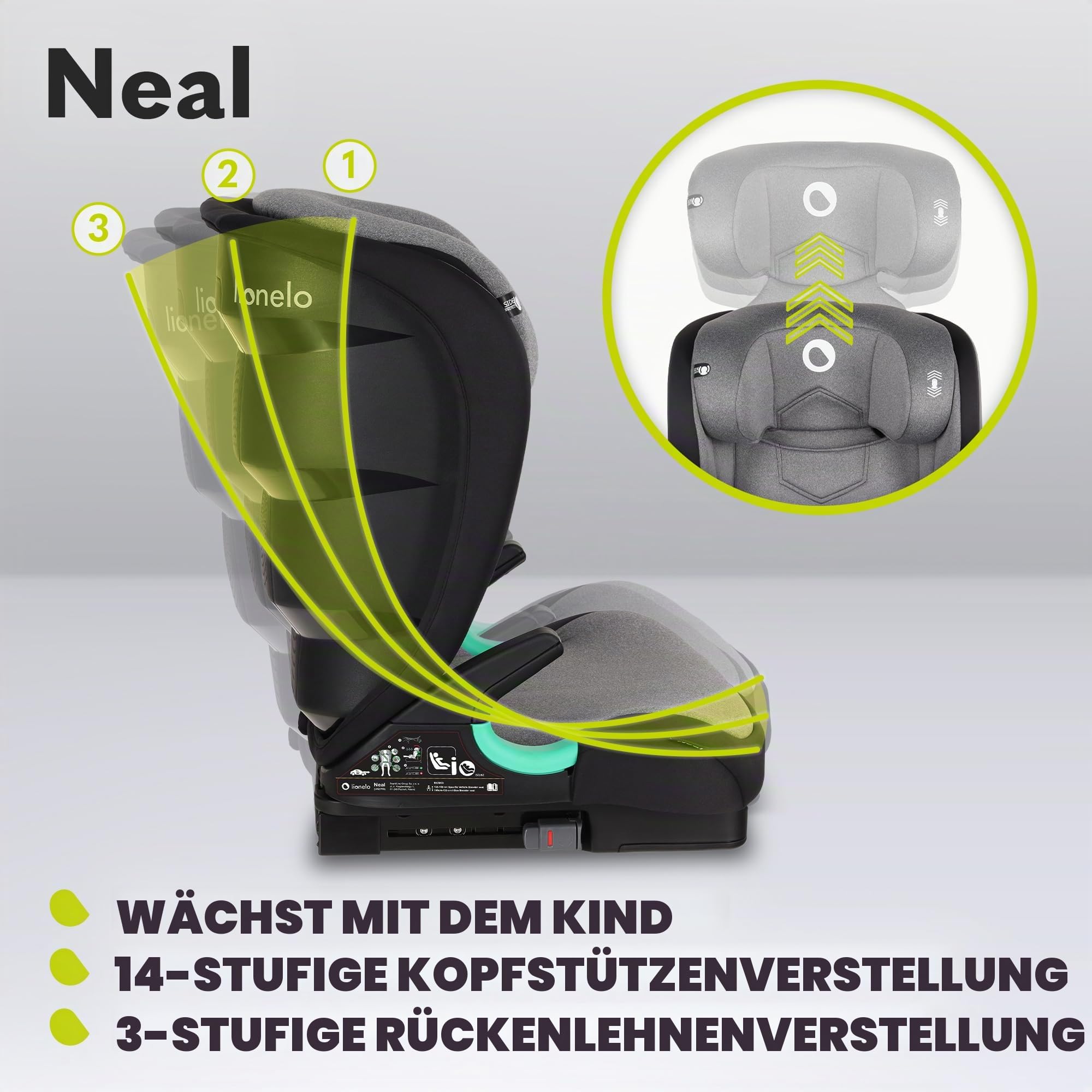 LIONELO Neal Kindersitz 15-36kg, Isofix, Seitenprotektoren, Kennzeichnung | i-Size, 3-fach verstellbare Rückenlehne, Höhenverstellbare Kopfstütze, Belüftungssystem