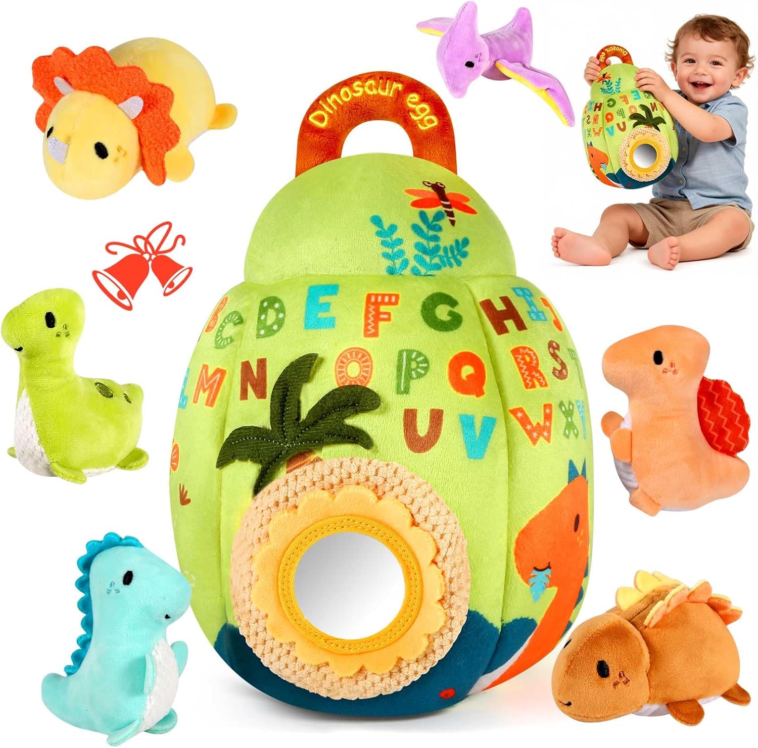 FREYBLI Baby Toys 6-12 Months - Soft Dinosaur Egg Toy with Rattle, Crinkle Paper, Squeaker, Mirror - 6 Month Old Baby Toys Boy Girl Gifts, Baby Sensory Montessori Toys for 6 Month Old Infant Toys