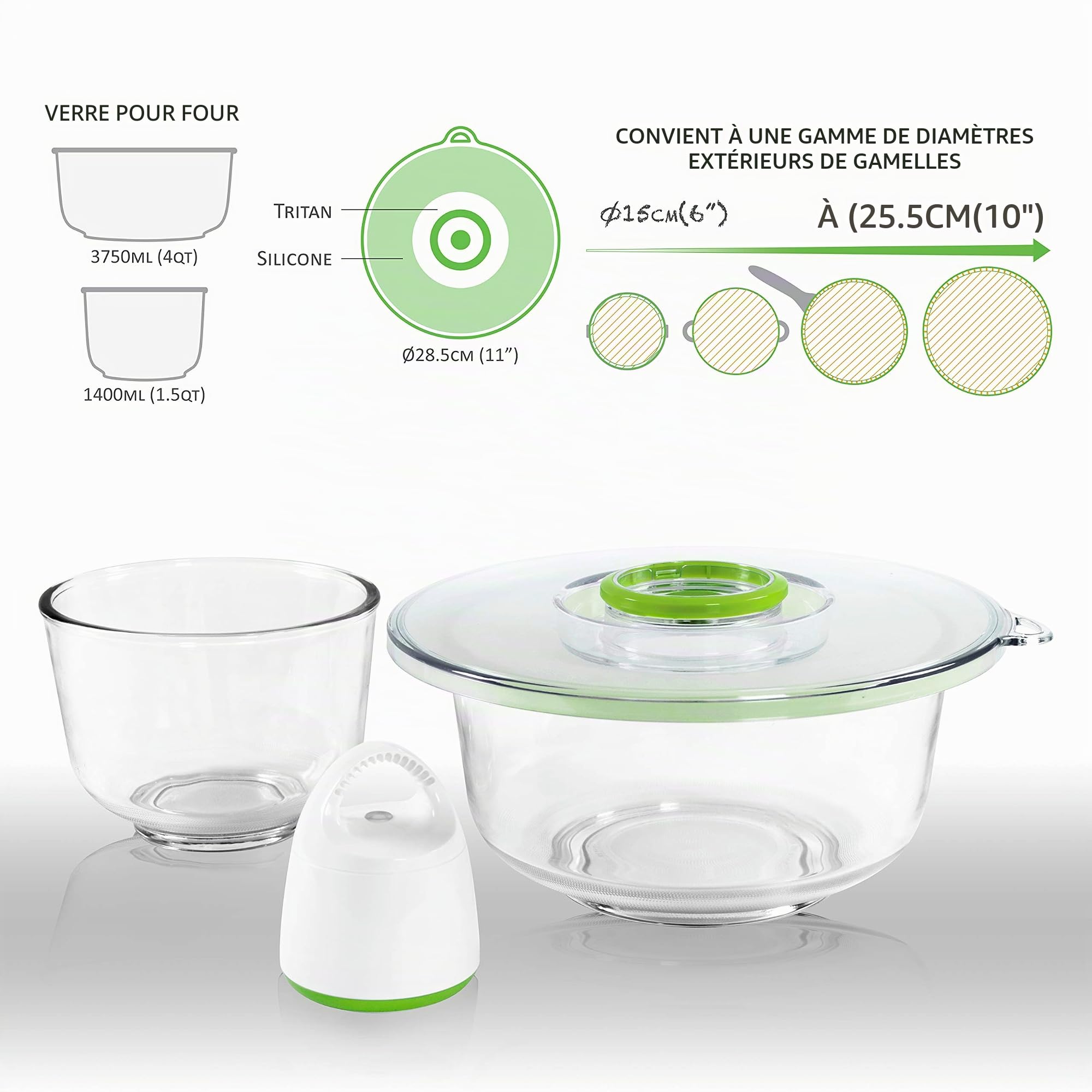 PACK LYON STARTER KIT FOSA avec la pompe sous vide intelligente sans fil "TURTLE+" incluse, 1 couvercle sous vide intelligent DUAL-Vac et 2 récipients en VERRE compatible four de 3.75 L et 1.4 L