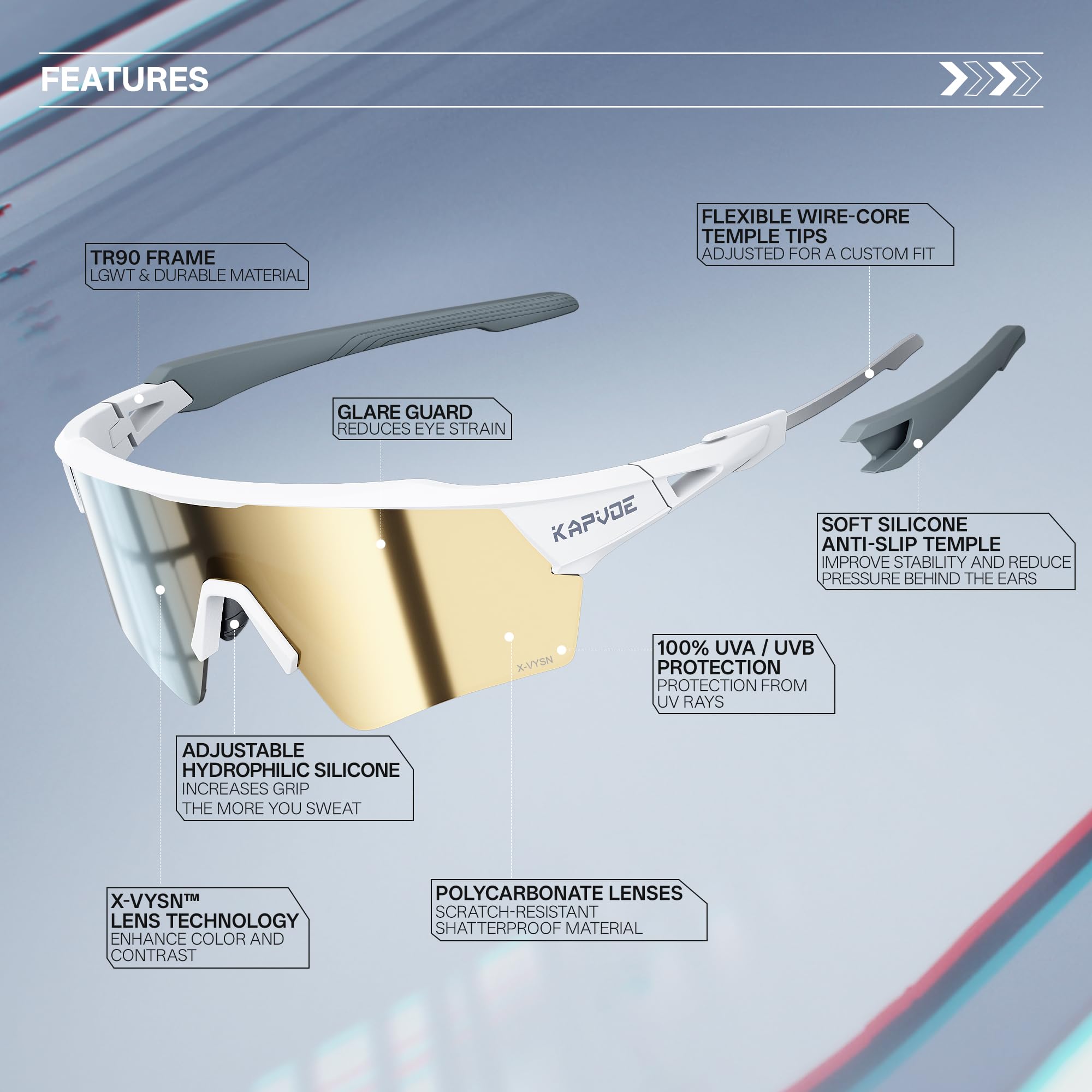KAPVOE Gafas de Ciclismo 2 Lentes X-VYSN UV400 Hombre Mujer K198 | 2 lentes intercambiables, alto contraste X-VYSN, UV400, patillas flexibles con núcleo metálico