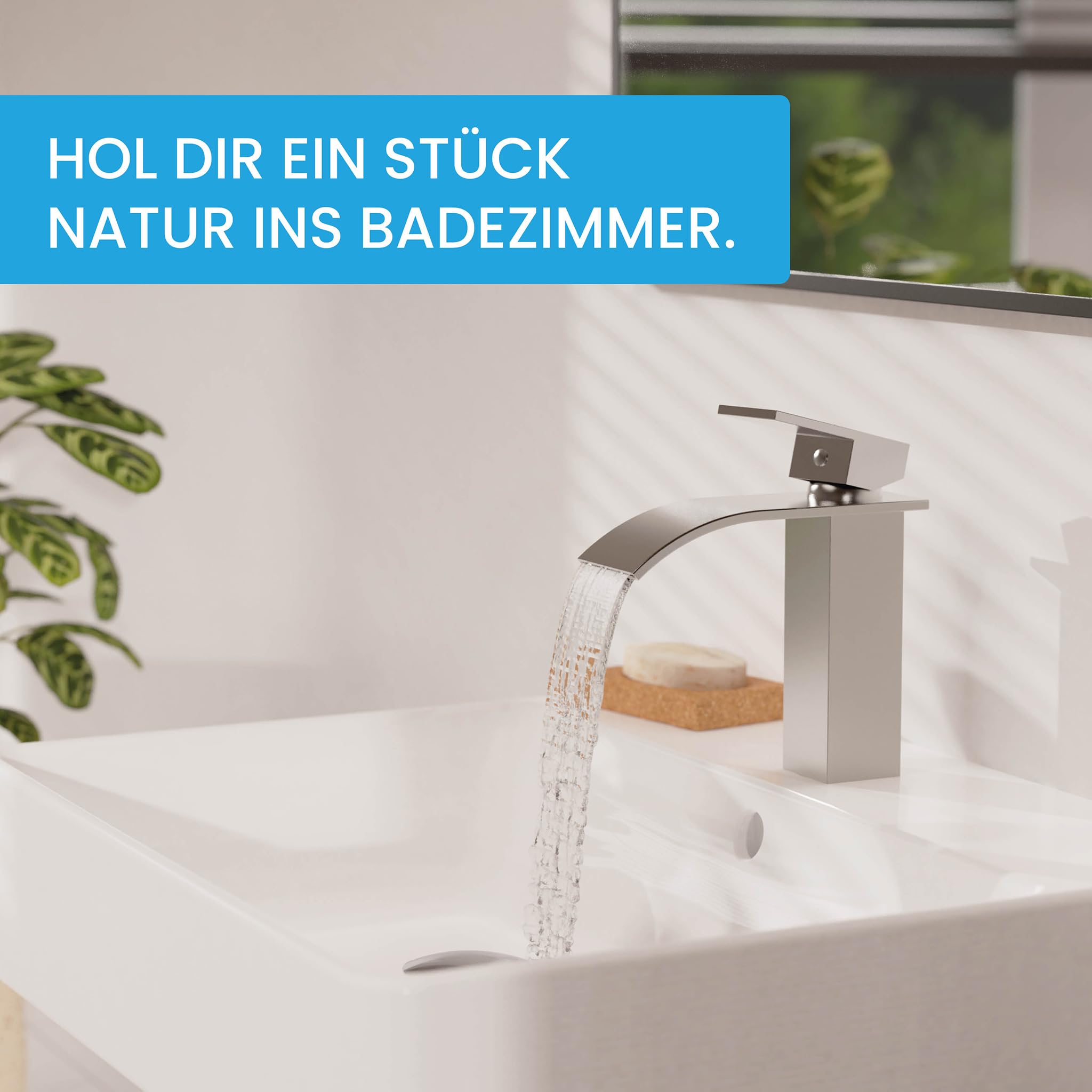 Bächlein Bateria łazienkowa Tamina w stylu wodospadu, jednouchwytowa bateria z trwałym wkładem ceramicznym i zestawem montażowym, bateria łazienkowa ze stali nierdzewnej