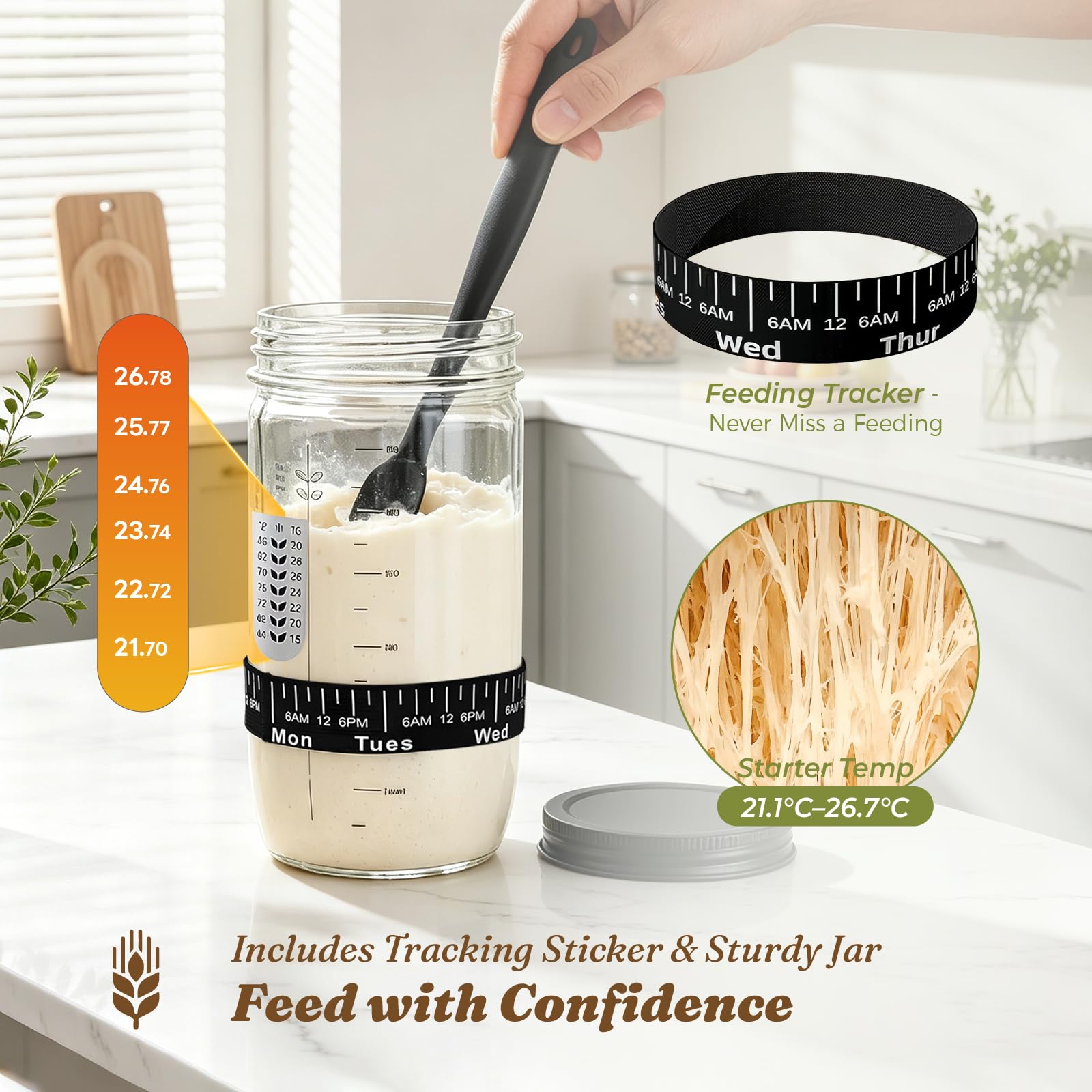 21 Pièces Kit Pain au Levain avec 25cm Ovale et 23cm Rond Corde en Coton Pliable Banneton, Kit Pain avec 650ml Bocal Levain,Sourdough Starter Kit pour Pâtissiers Débutants et Expérimentés