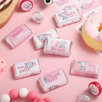90 Pcs Elephant Theme Baby Shower Candy Wrappers Mini Candy Bar Miniatures Wrappers Chocolate Bar Label Stickers for Gender Reveal Sprinkle Birthday Boy Girl Baby Shower Decoration(Pink)