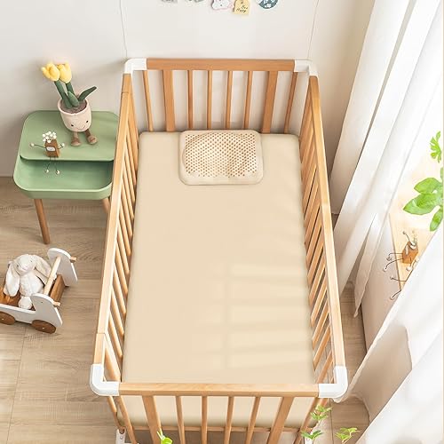 Miniatura 2 de Ersmak Paquete de 2 sábanas de satén para cuna, sedosas, cómodas, transpirables, para colchones estándar de cuna y niños pequeños (beige, 28 x 52 x