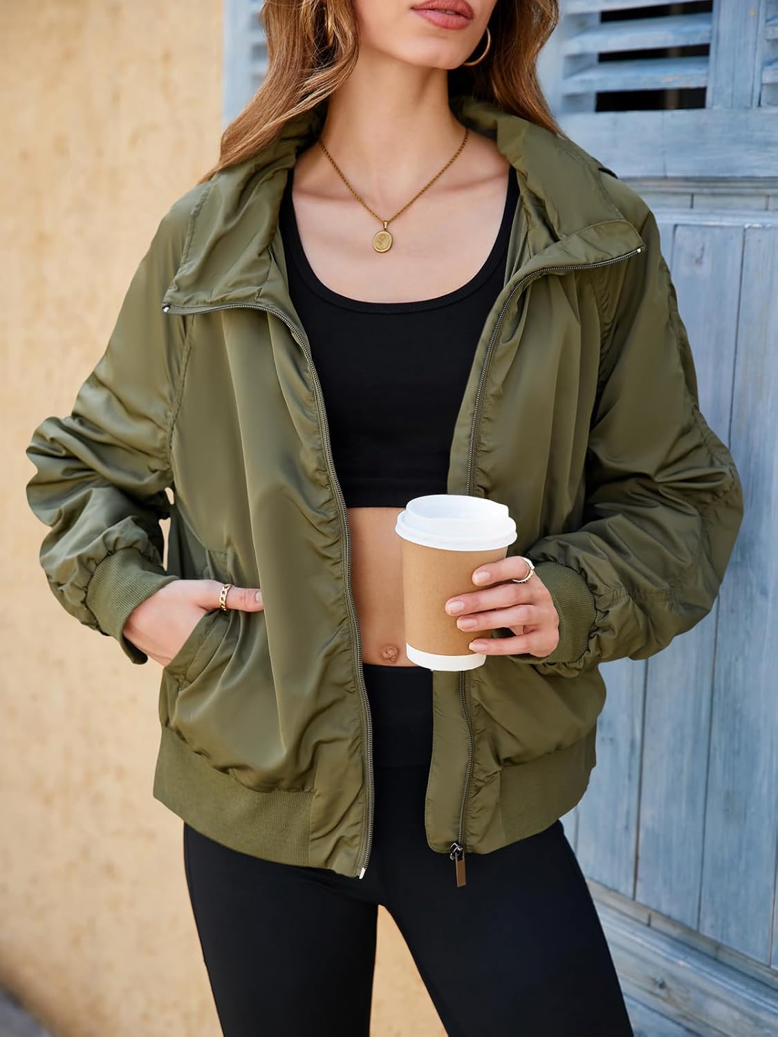 Fisoew Womens Windbreaker Crop Jackets Long Sleeve Zip Up Hidden Hooded Winter Bomber Jacket with Pockets - Image 3