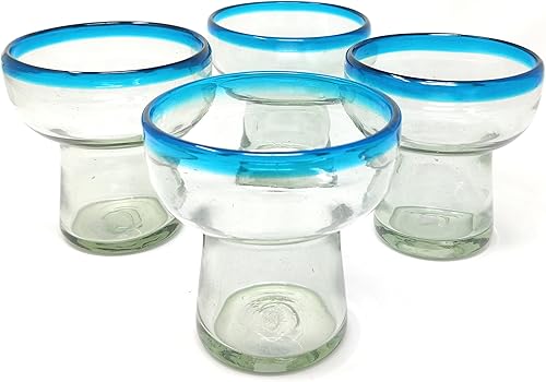 Dos Sueños Vidrio soplado a mano mexicano - Juego de 4 vasos de margarita sin tallo soplados a mano (14 onzas)