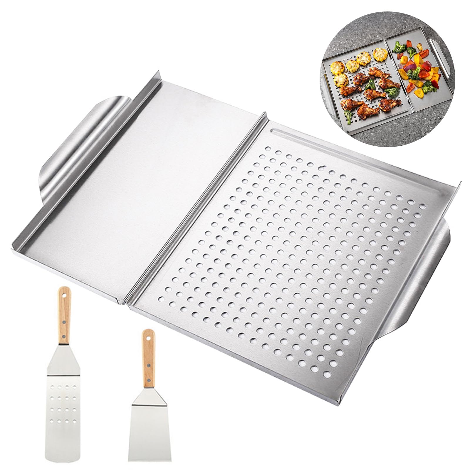 Herfair Grillplatte BBQ 45 x 31 cm Edelstahl Plancha Grillplatte mit 2 Grillspachteln Perfektes Grillzubehör für Holzkohlegrill Gasgrill
