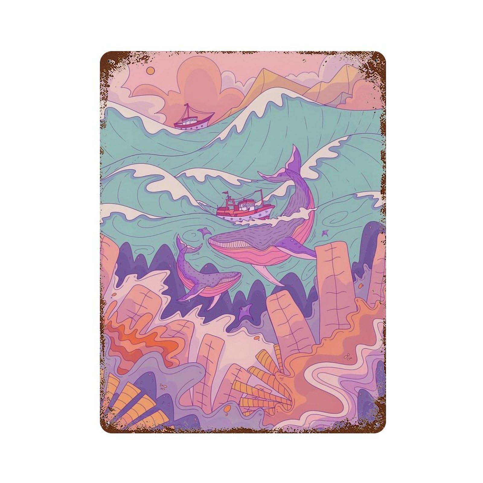 The Ships And The Whales 15.7"x11.8" Retro Metal Sign, Industrial Home Decor for Office, Studio And Wall Decor