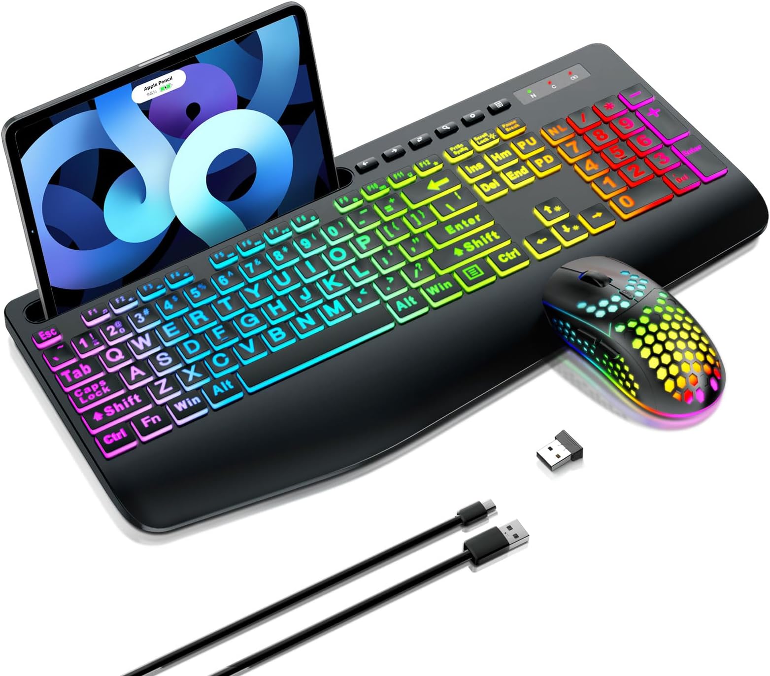 Garlo Wireless Keyboard and Mouse Combo, Membrane Silent Gaming Keyboard with Mechanical Feeling, Full-Size Bluetooth/2.4GHz/wired keyboard, RGB Backlit, Ergonomic Wrist Rest for PC/Computer/Mac/PS5
