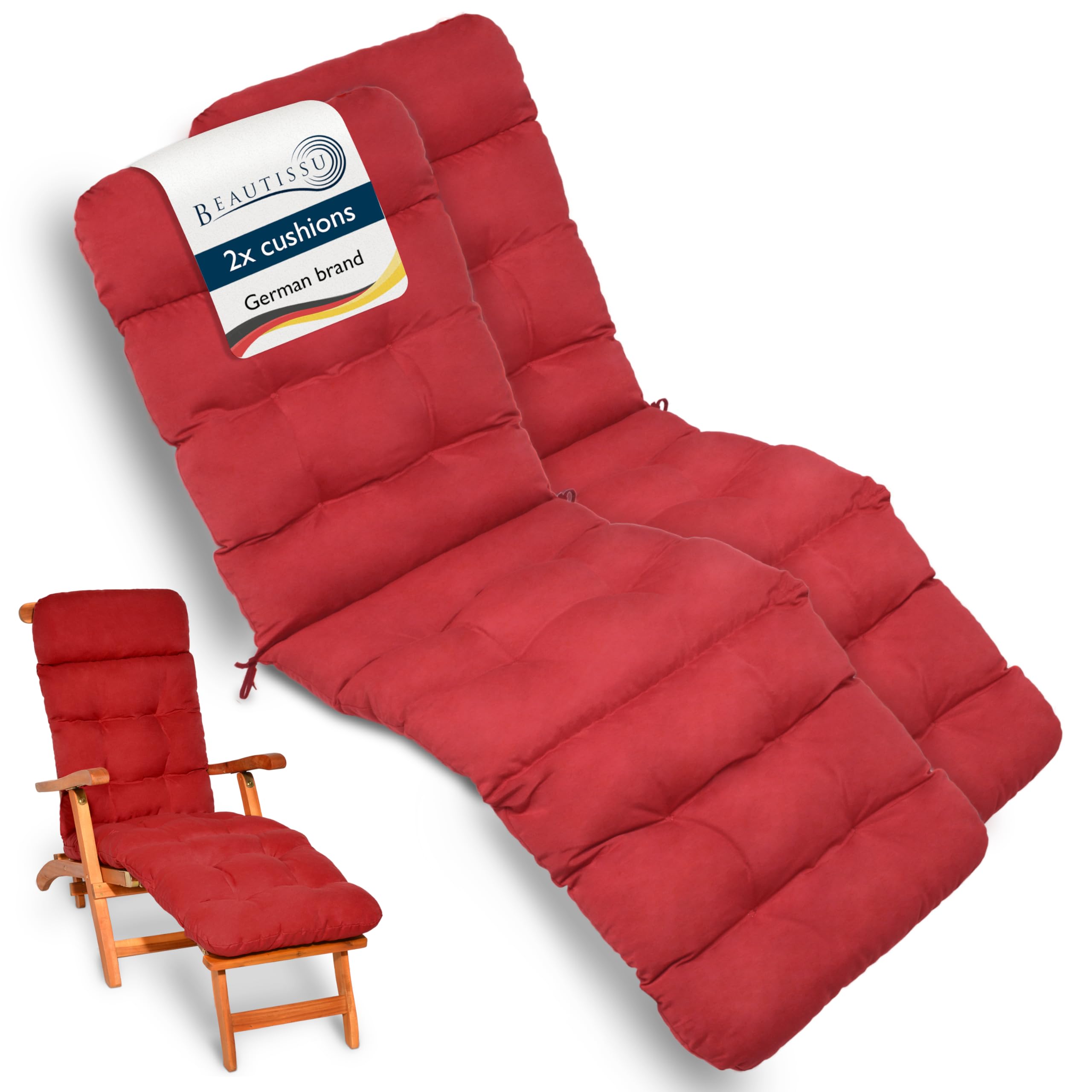 Beautissu Red 2X Deck Chair Sun Lounger Cushion 200X50x8cm Flair Dc – Outdoor Garden Recliner Sunbed Steamer Chair Cushions For Patio Garden Terrace Balcony