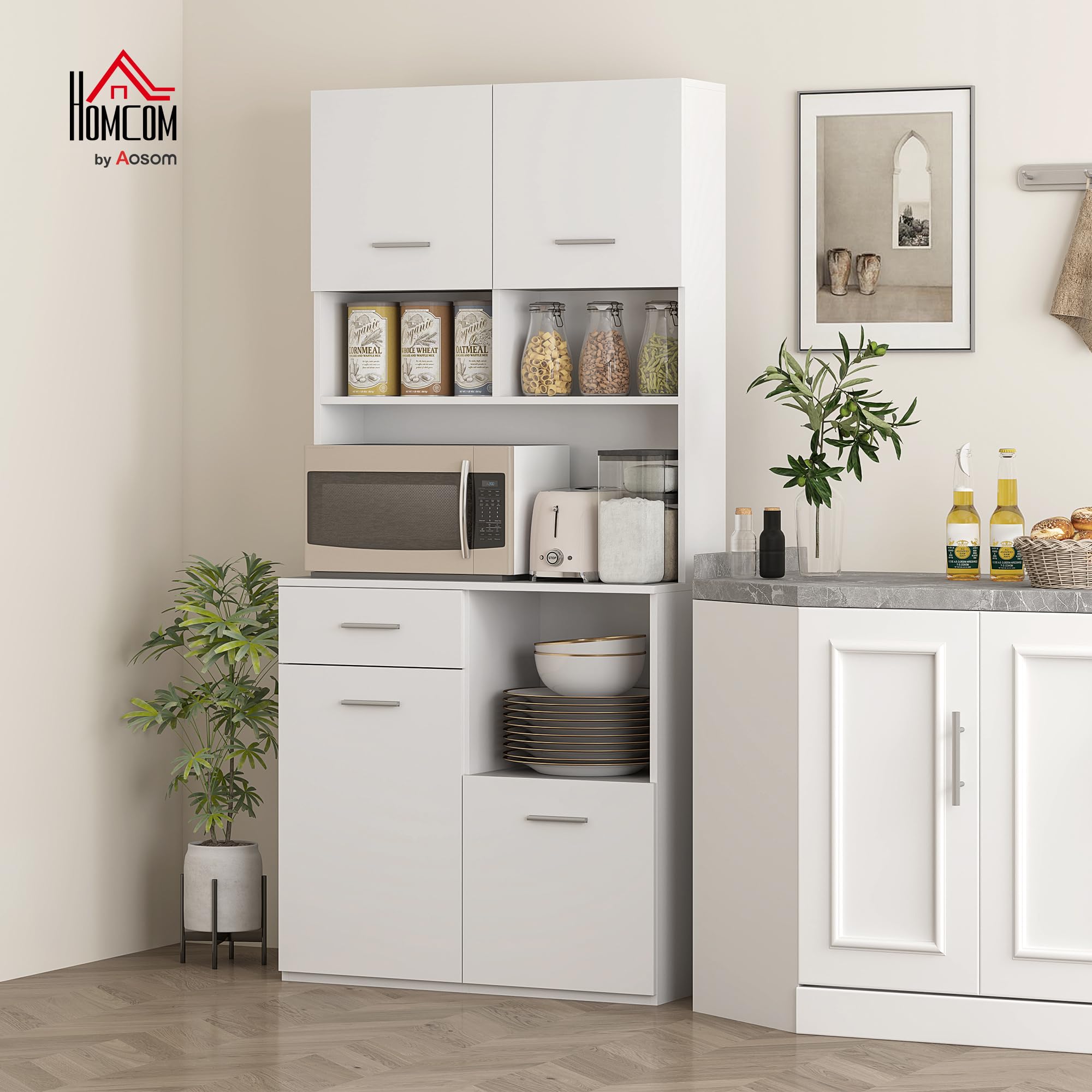 HOMCOM Credenza Cucina Alta con Cassetto 4 Armadietti 80x35x180 cm Bianco | 3 Scomparti Aperti, Mobile Dispensa, Ripiano Regolabile in Legno, per Soggiorno e Cucina