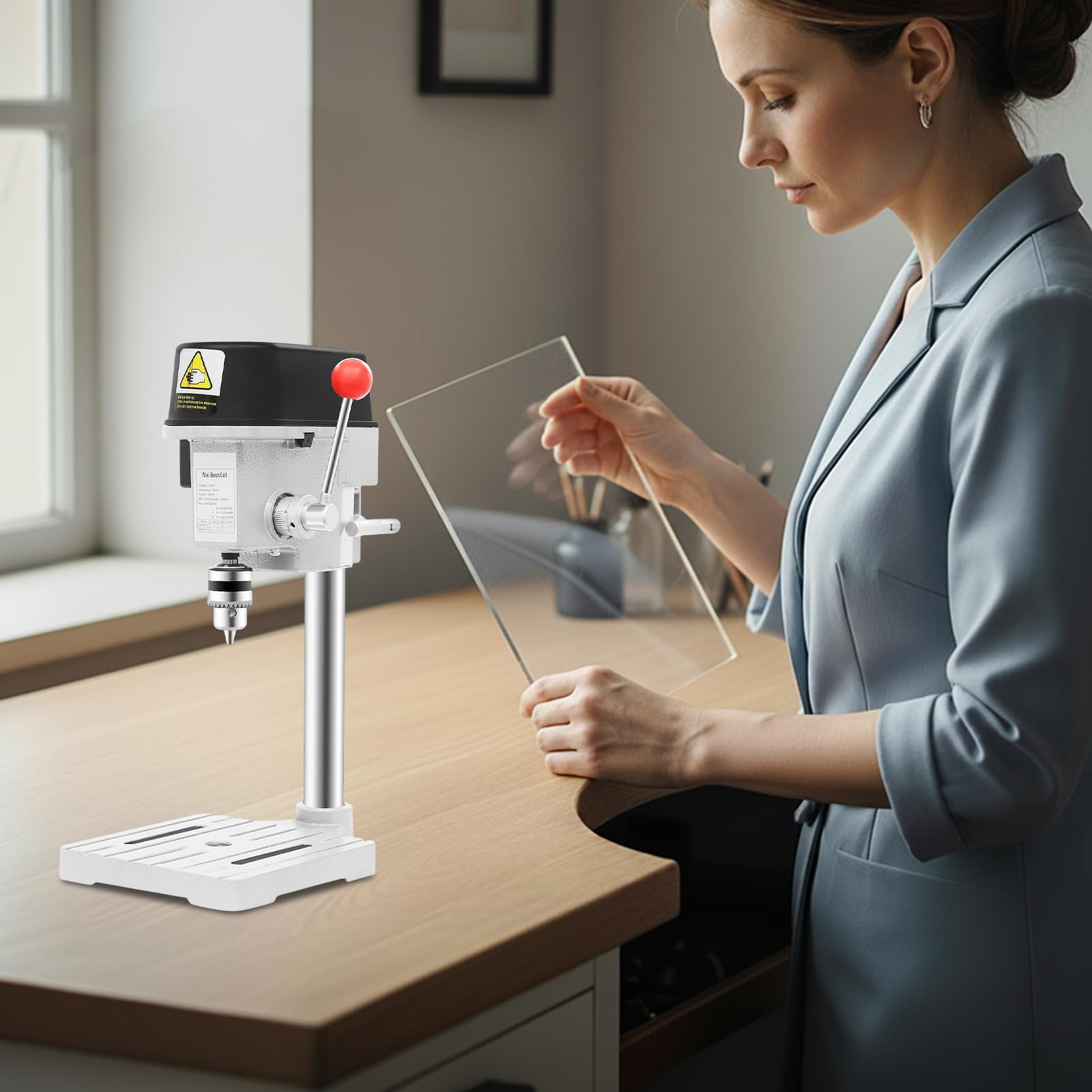 Trapano da tavolo 340 W, precisione a colonna con velocità continua (0-16.000 giri/min) e arresto di profondità, costruzione in ghisa per legno/metallo/plastica, profondità di foratura 25 mm