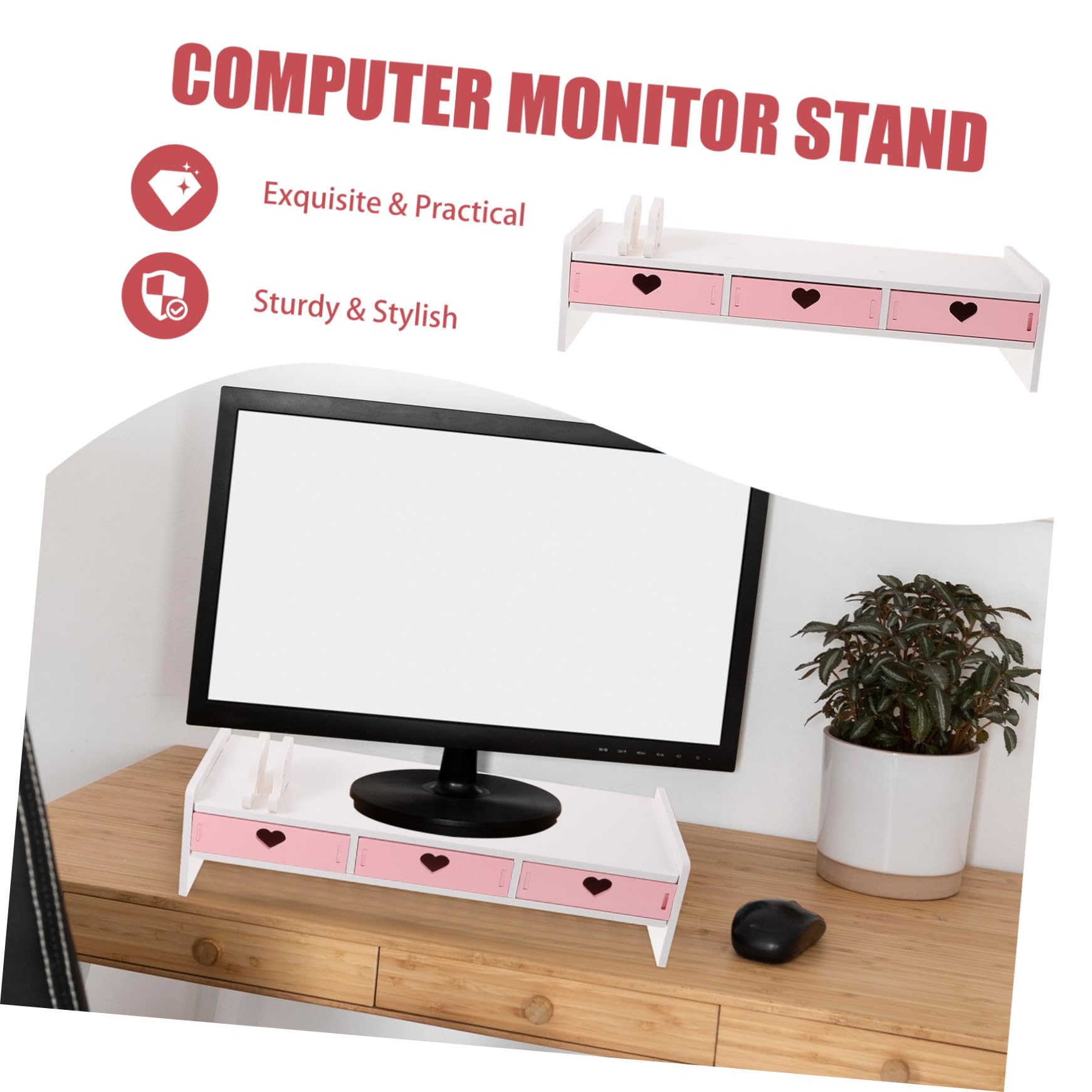 Housoutil Supporto per Monitor da Scrivania in PVC Rosa e Bianco, Rialzo e Organizzatore per Computer da Ufficio e Studenti, Spazio Salvaspazio per Tastiera e Accessori