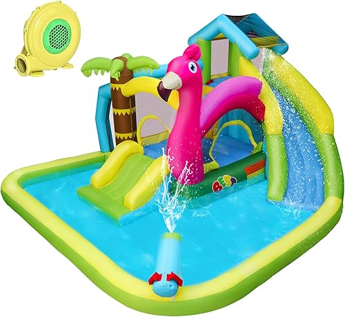 BESTPARTY Tobogán acuático inflable 8 en 1, casa de rebote de flamenco húmedo y seco con soplador, casa inflable de nailon resistente para 4 niños