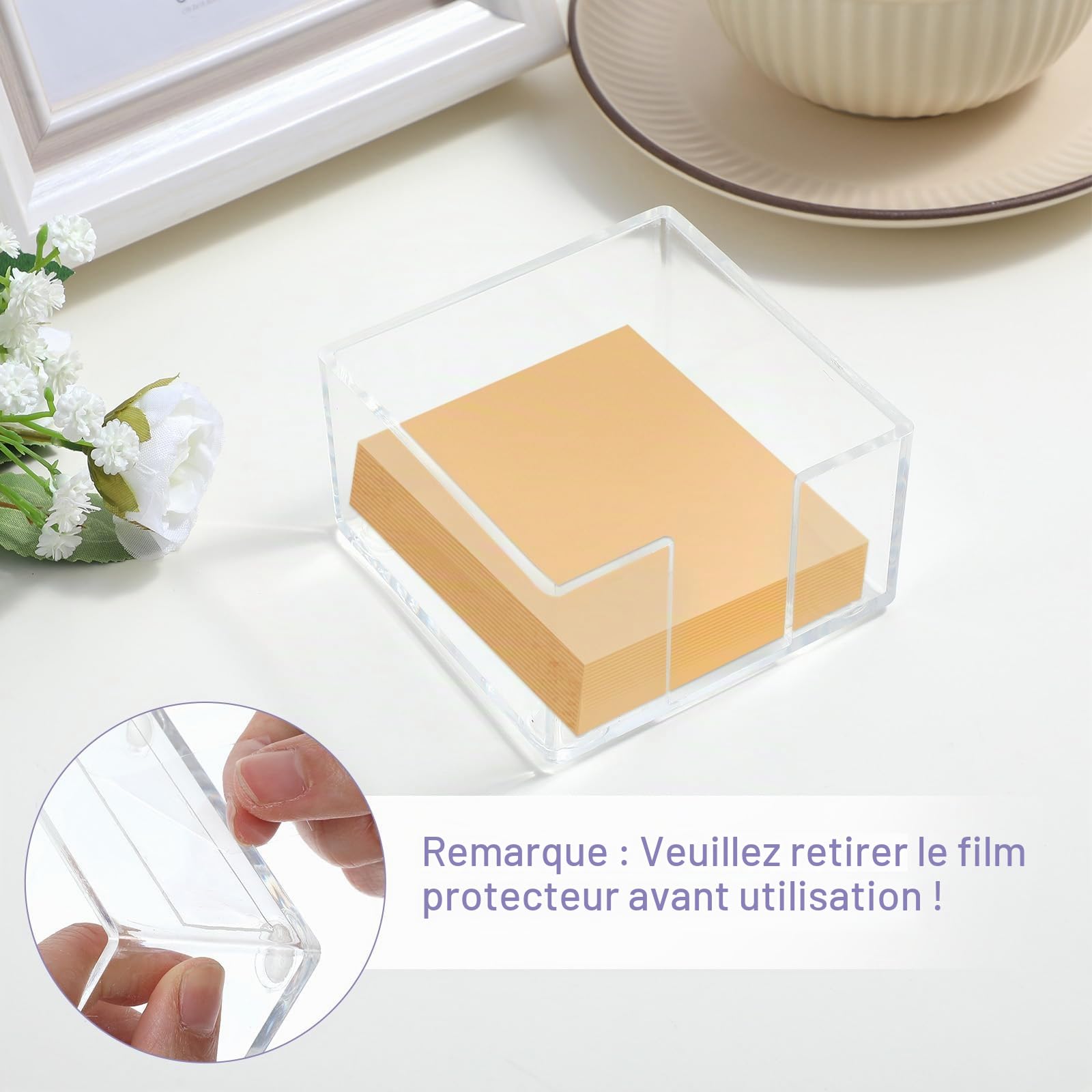 CIATBYYJ Distributeur de notes adhésives en acrylique transparent pour l'organisation du bureau, support de bloc-notes autocollant de 7,6 x 7,6 cm pour dortoir, maison et bureau (transparent)