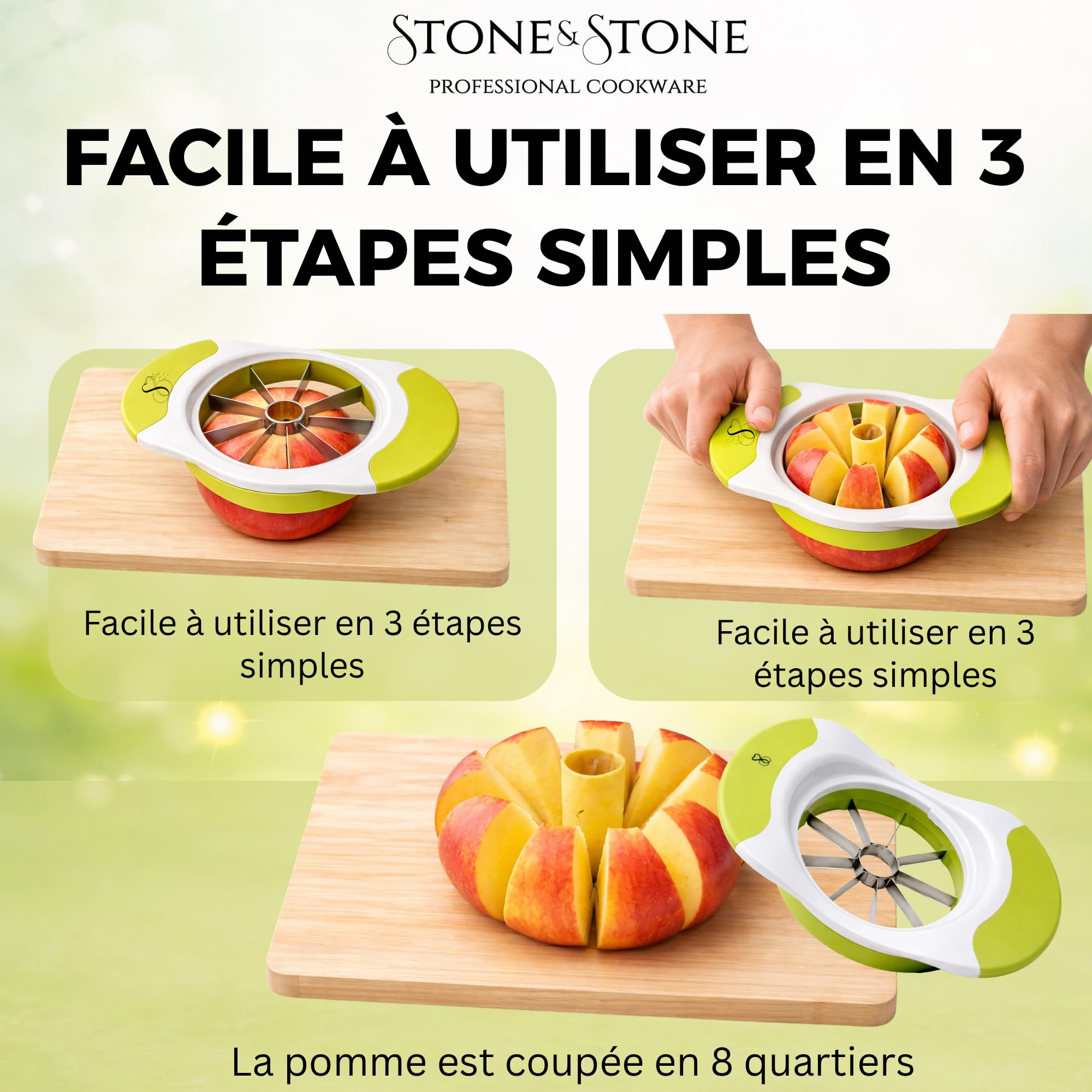 Stone&Stone Coupe Pomme Inox Professionnel avec 8 Lames Acier Inoxydable | Éplucheur de Pomme avec Levier Anti Trognon | Design Ergonomique ABS Sans BPA | Trancheuse à Fruits pour 8 Morceaux Parfaits
