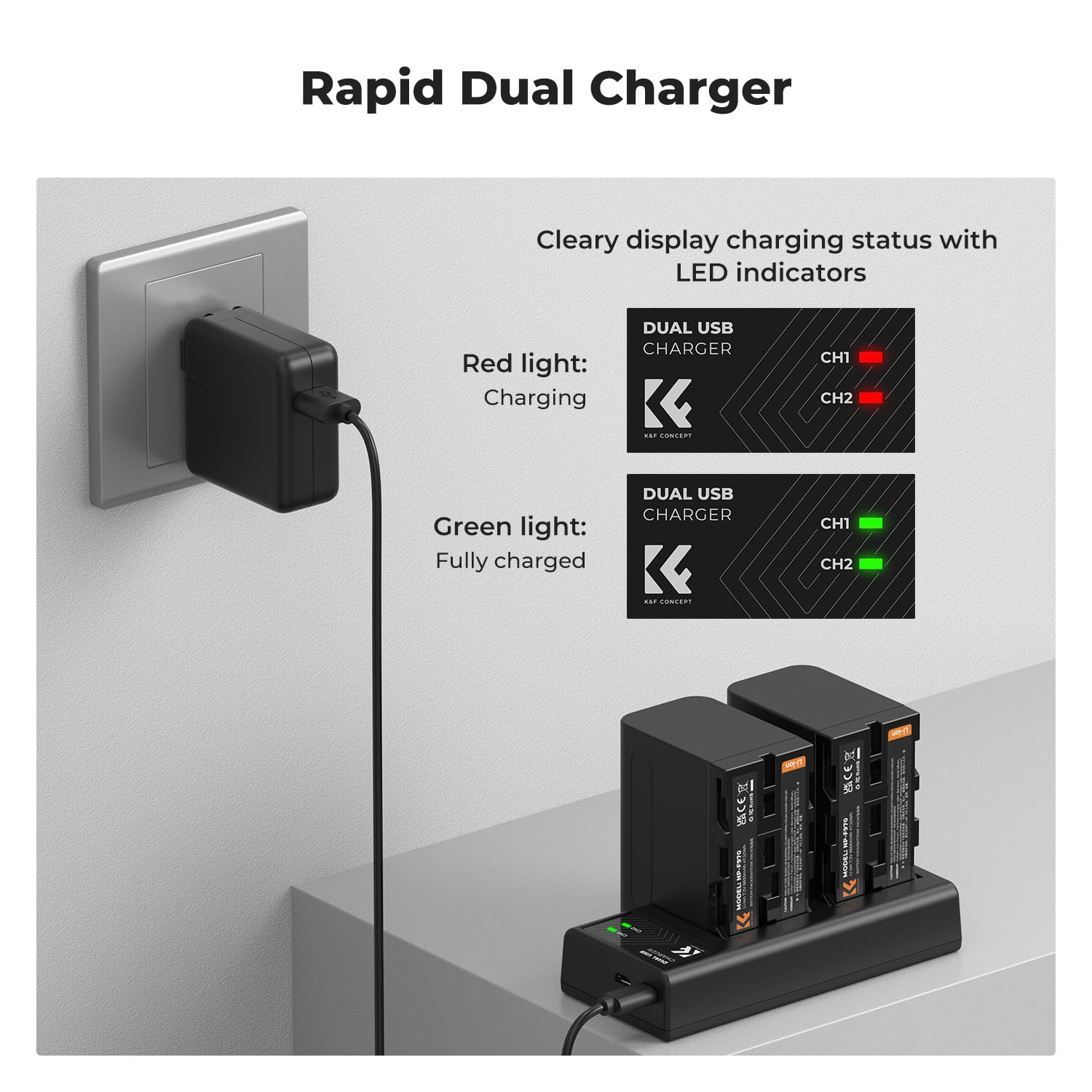K&F CONCEPT NP-F970 2er-Pack 6600mAh Akkus und LED Ladegerät Kit Kompatibel mit Sony NP-F550 F570 F750 F770 F930 F950 F960 F970 für High Power LED Lichter/Monitor/Kamera Slider