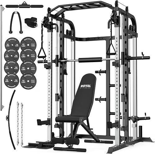 Máquina Royal Fitness Smith, estante de jaula de potencia multifuncional con barra Smith y sistema de polea de cable, y máquina de tracción LAT para