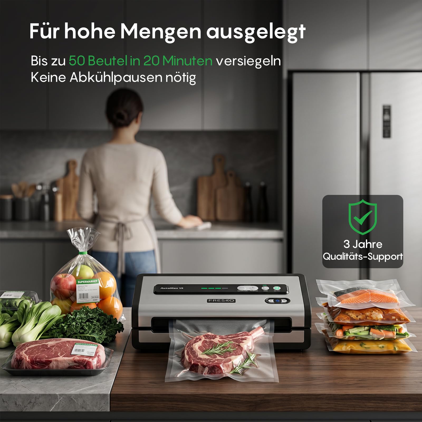 FRESKO Vakuumiergerät 18L/min,140 W, Integrierter Beutelschneider, AutoMax | Vollautomatisches System mit Stauraum, Vakuumiergerät Testsieger Note 1,2, 1 Vakuumrolle sowie 10 Beutel, V8