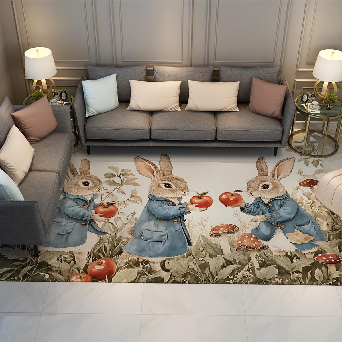 Tapis cuisine motif féerique lapins et champignons décoration sol 140x200cm