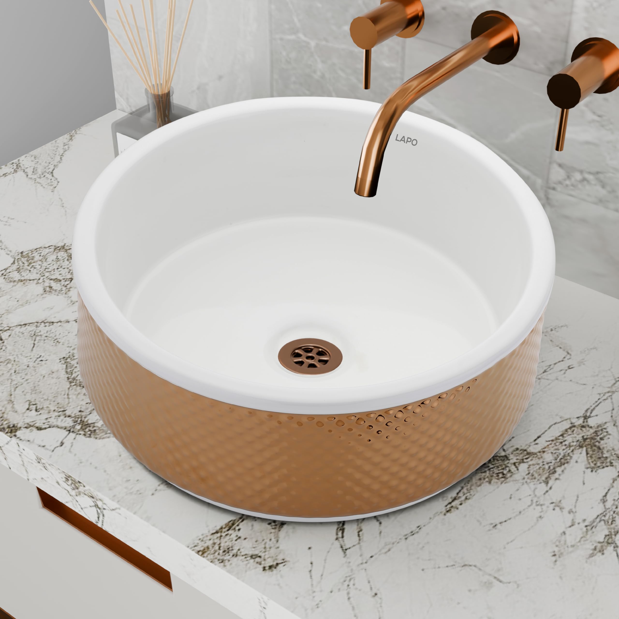 LAPO Basin for Bathroom, Ceramic Tabletop Wash basin, Table Top Wash Basin for Bathroom And Livingroom Décor, Countertop Vessel Sink (White-Rose Gold Finish, 42.5X42.5X16 Cm) M-300 (B0D5R8XMQB) Amazon Price History, Amazon Price Tracker