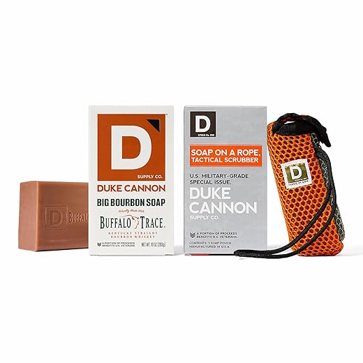 Duke Cannon Soap On A Rope Bundle Pack: Tactical Scrubber + Big A Brick of Soap for Men -"Smells Like Productivity"