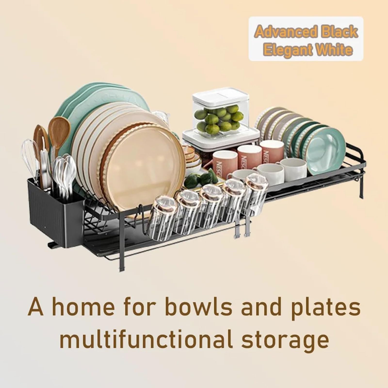 Escurreplatos Extensible 41-76cm,Escurridor Platos | Grande,en Acero al Carbono,Con Bandeja Recogegotas,Portacubiertos,Portavasos,Boquilla Extensible y Giratoria 360° Organizador Cocina Fregadero