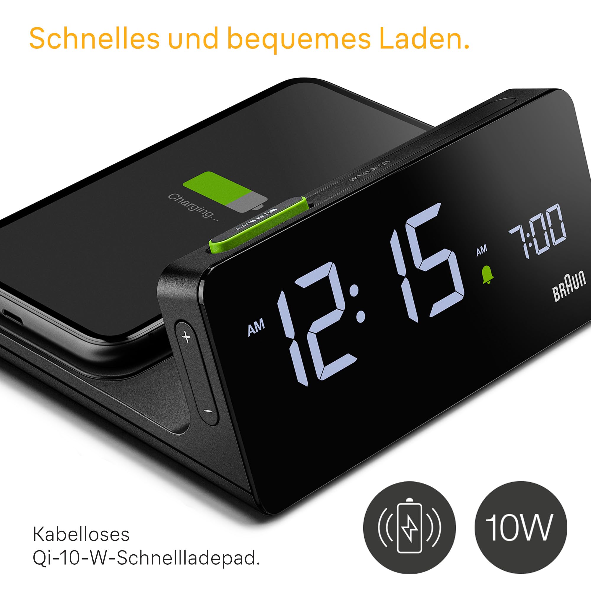Braun Digitaler Wecker mit VA-LCD-Display, kabelloses 10W Qi-Schnellladepad, automatische Einstellung der Hintergrundbeleuchtung, Schnellschaltung, Pieptonwecker in Schwarz, Modell BC21B.