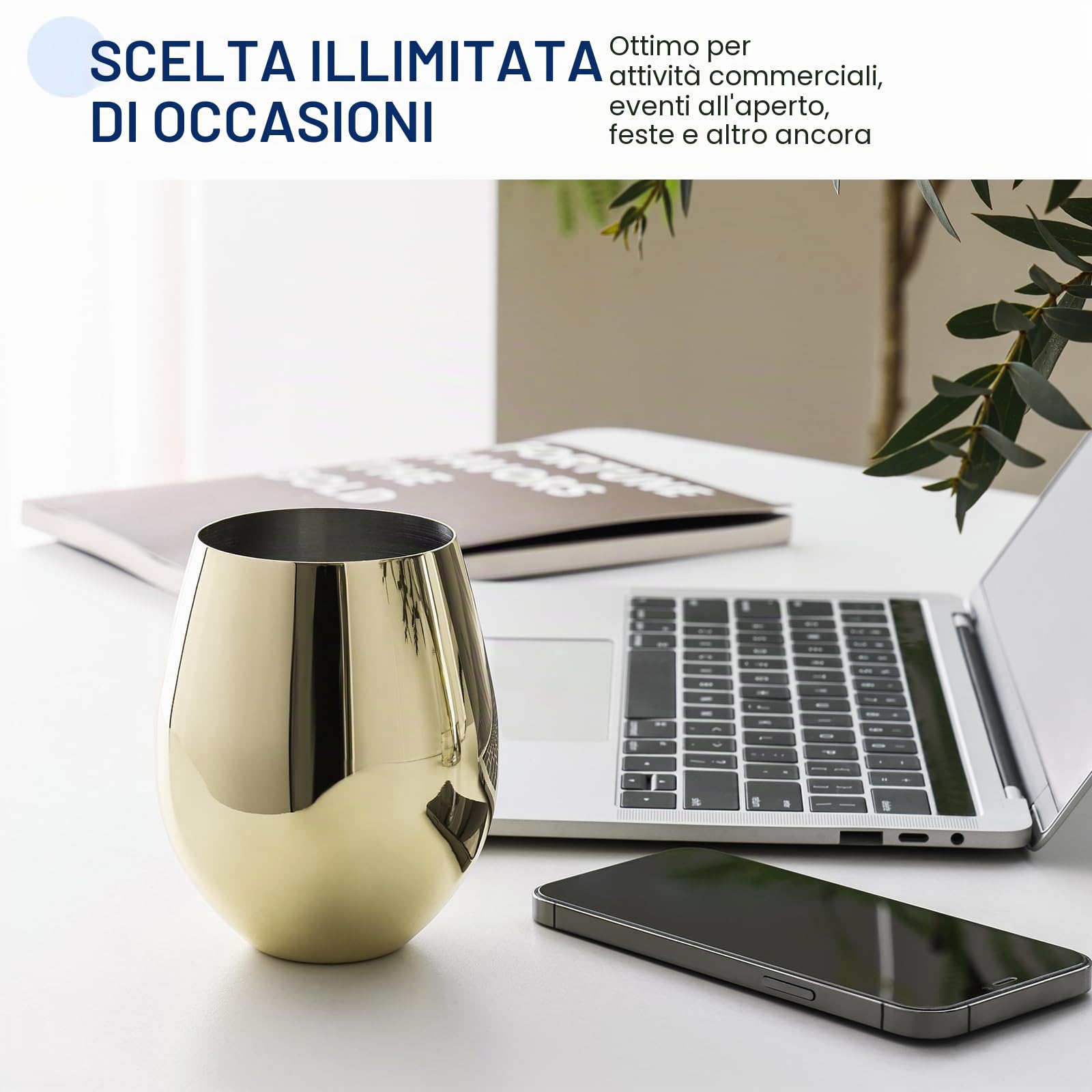Kordisen WOTOR Set di 4 calici da vino dorati, da 532 ml, infrangibili, in acciaio inox, senza stelo, per esterni, viaggi, campeggio, piscina, accessori da vino ideali come regalo