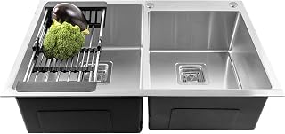 Fossa 32"x18"x10" inch Double Bowl Tap Hole SS-304 Grade Stainless Steel Handmade Kitchen Sink (Matte Finish) Silver
