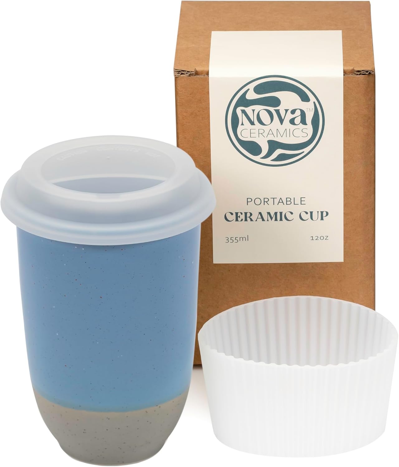 NOVA CERAMICS Travel Mug - Ceramic Coffee Mug With Lid – Microwave & Dishwasher Safe Coffee White & Grey Tumbler - Fits In Cup Holder – 12oz – Coastal Drift