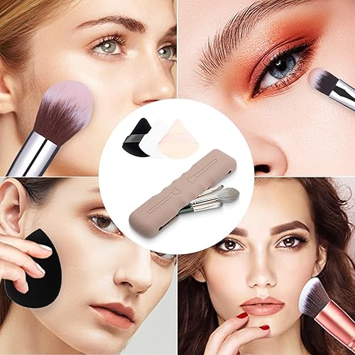 Miniatura 6 de Bolsas de cosméticos de viaje para mujer  Bolsa magnética para brochas de maquillaje con 3 piezas de polvo triangular, lindo organizador portátil de