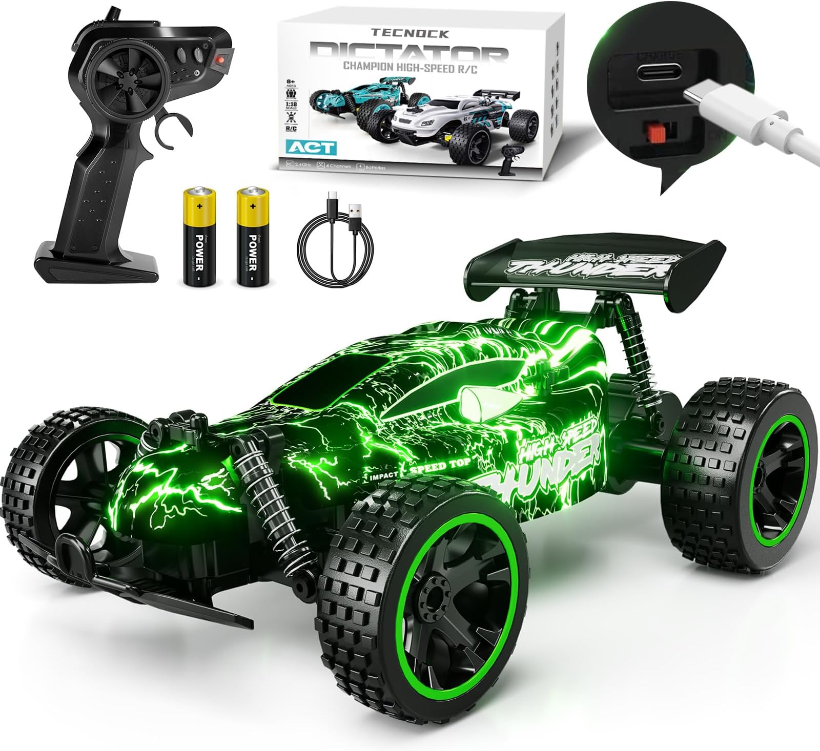 Tecnock RC Cars for Kids, 1:18 Scale 2WD RC Car with LED Lights, 2.4GHz Remote Control Car with USB-C Easy Charging & 50 Mins Playtime, Toys Gifts for Boys & Girls Ages 8-12
