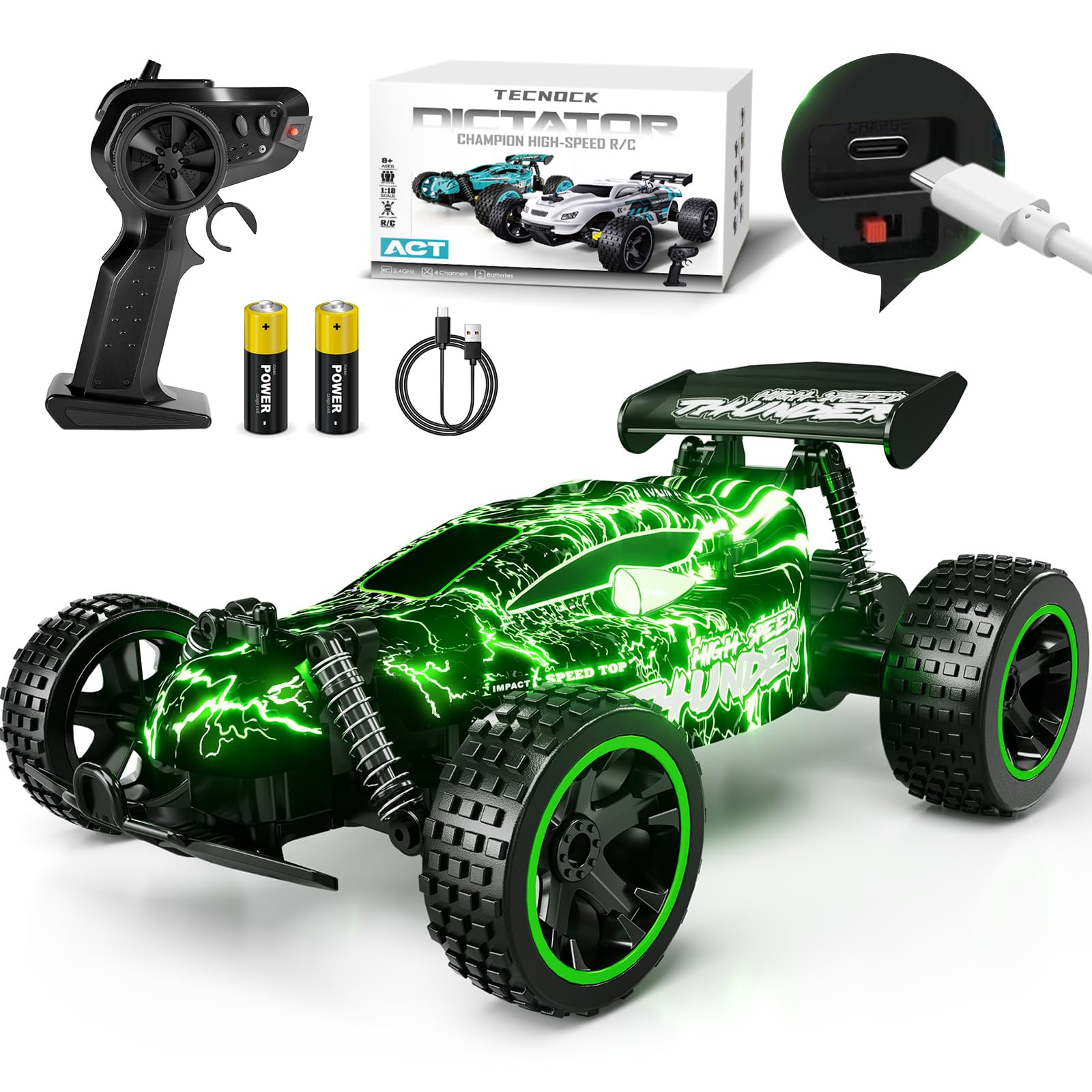 Tecnock RC Cars for Kids, 1:18 Scale 2WD RC Car with LED Lights, 2.4GHz Remote Control Car with USB-C Easy Charging & 50 Mins Playtime, Toys Gifts for Boys & Girls Ages 8-12