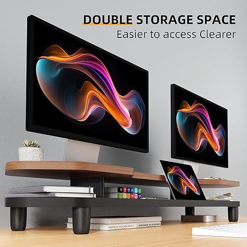 Miniatura 4 de Soporte elevador para monitor doble, soporte de monitor grande de 39.4 pulgadas con estante de almacenamiento, organizador de escritorio de 2