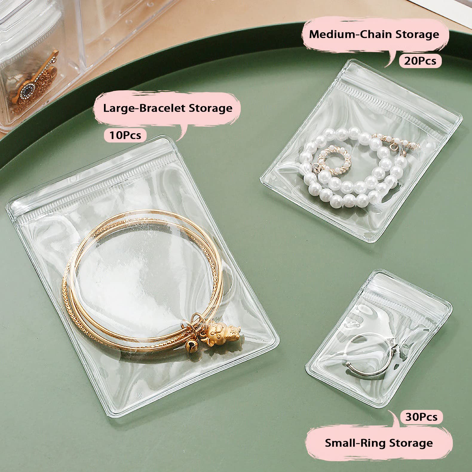 ZEYDURL Jewelry Organizers for Women, Clear Acrylic Drawer Organizer Box with 10 Large Bags for Bracelet, 30 Middle Bags for Necklace, 20 Small Bags for Ring, Individually Packaged, Easy to Carry