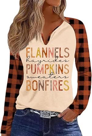 Fall Season V Neck Shirt for Women Funny Halloween Thanksgiving Plaid Long Sleeve Graphic Tee Family Party Raglan Tops