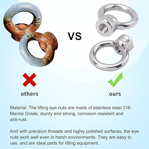Miniatura 11 de PAGOW 4 piezas de tuerca de ojo de elevación de acero inoxidable 316, 1/4 pulgadas UNC de grado marino resistente, perno de ojo en forma de anillo